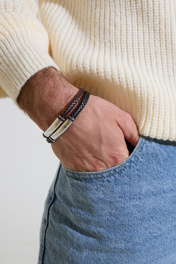Heren armband gevlochten - zilver/bruin Afbeelding2